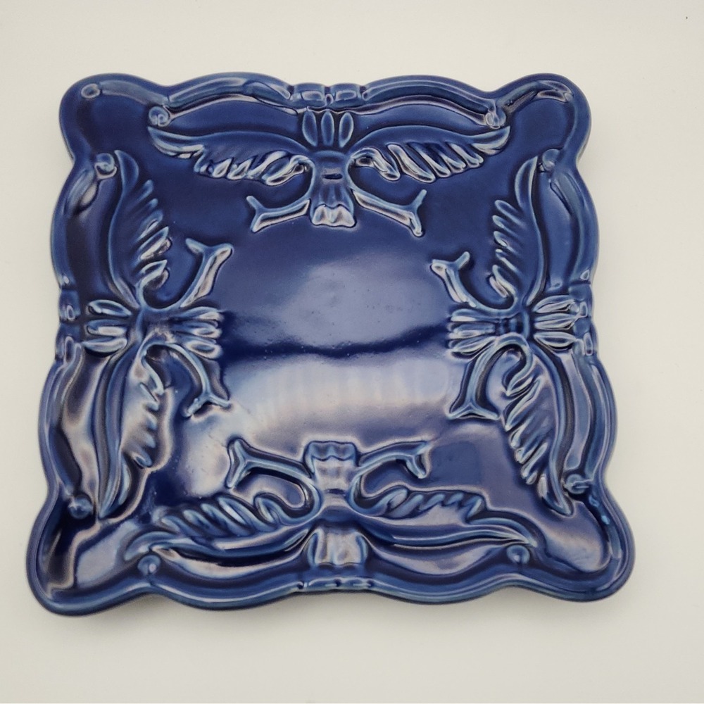 California Pottery N-382 Blue Glossy Ceramic 7" Trivet Mid-Century Floral - Picture 1 of 6